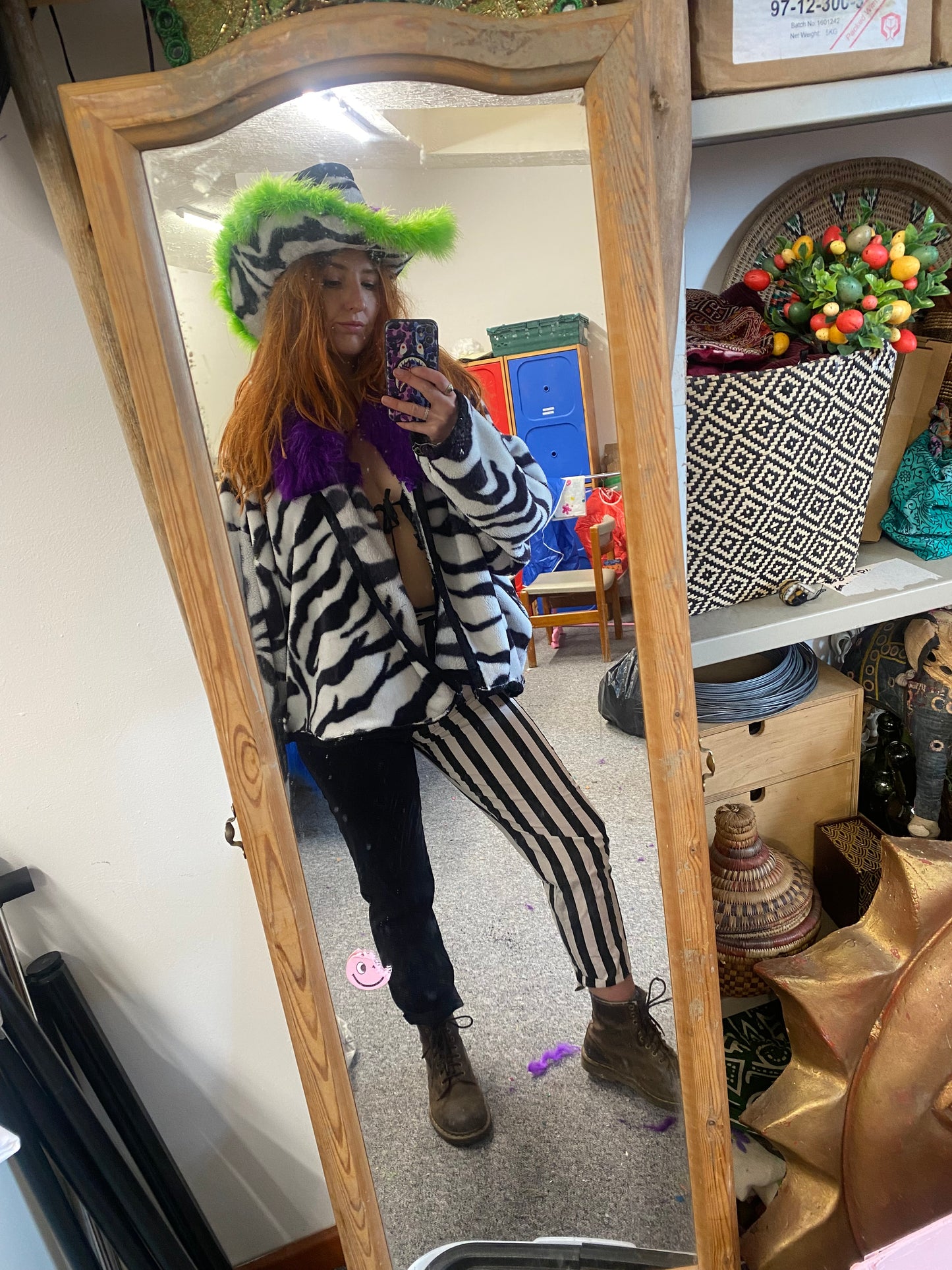 Slime green Zebra print fluffy cowgirl hat.