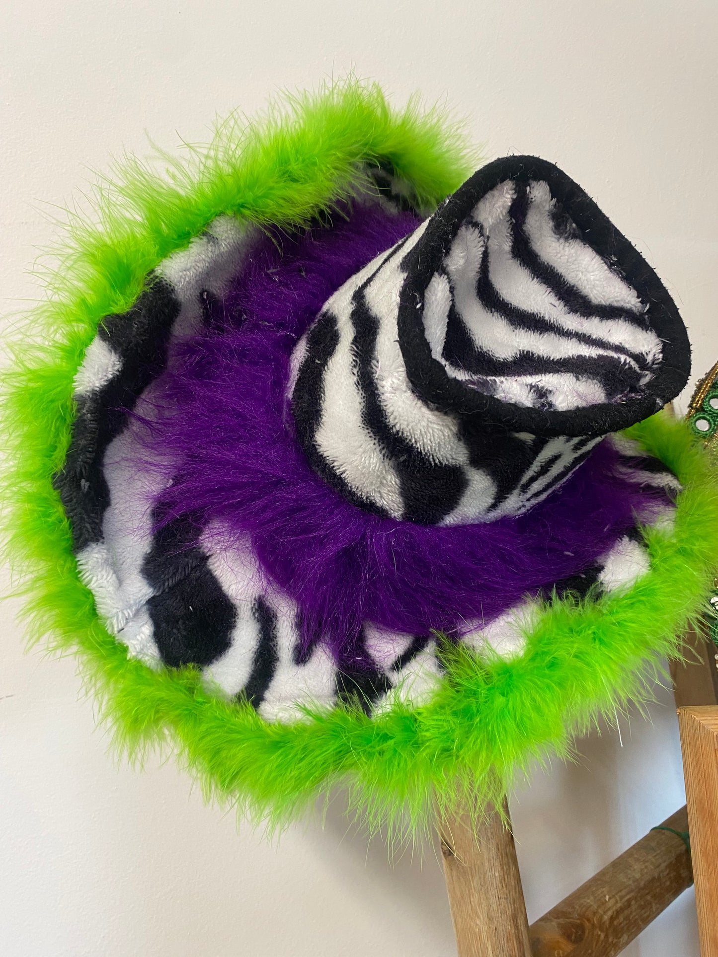 Slime green Zebra print fluffy cowgirl hat.