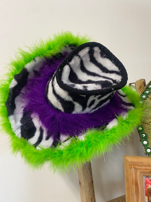 Slime green Zebra print fluffy cowgirl hat.